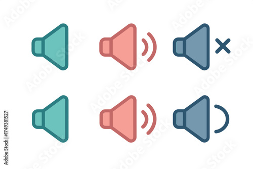 Six different volume and sound control icons for user interface design, including mute and various audio levels