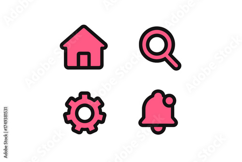 Basic user interface symbols including home search settings and notification elements