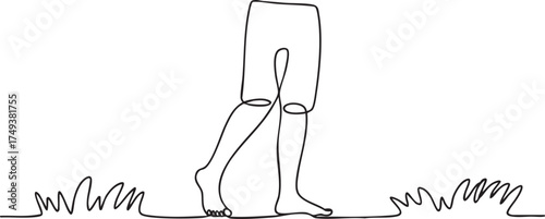 Continuous one line drawing of barefoot legs walking leisurely on grass or beach symbolizing relaxation, health, and National Go Barefoot Day