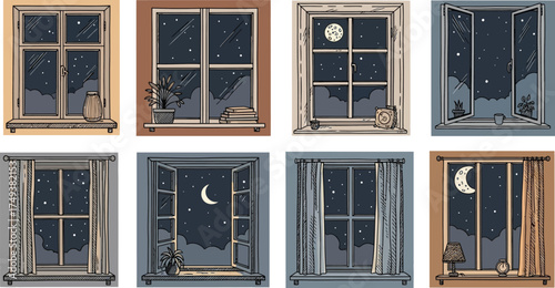 Cozy Night Window Views | Cat, Moon, and Constellation Illustration Set

Hand Drawn Color Sketches of Cozy Nighttime Window Scenes

Vector Illustrated Windows with Curtains, Stars, and Hot Drinks
