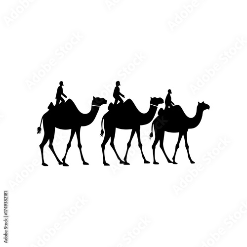 Three camels with riders silhouette