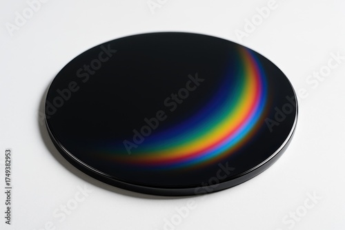Silicon carbide wafer with rainbow light reflection on glossy black surface under clean white background