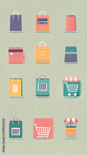 Set of minimalist shopping icons for online and physical retail stores