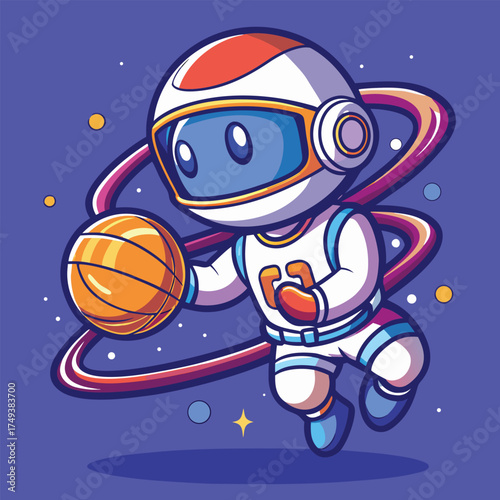 Cartoon Astronaut Playing Basketball in Space Adventure Illustration