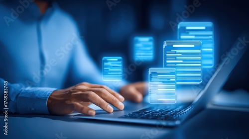 Modern digital technology concept with glowing holographic bar graphs and data analytics on a laptop screen