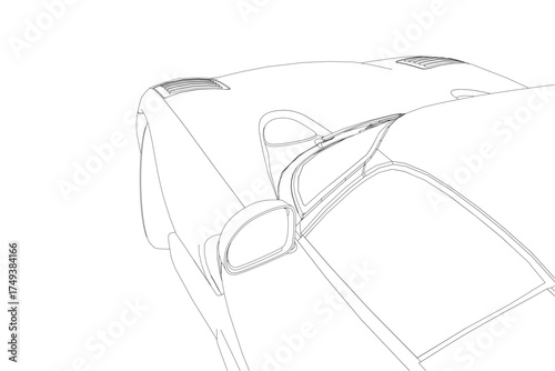Sport car contour drawing in black and white showcases sleek lines and detailed curves against a stark white background.