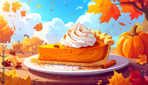Delicious slice of pumpkin pie with whipped cream in a vibrant autumn setting.