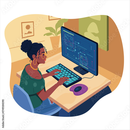 A afro american woman works in tech at her computer. The screen shows a complex diagram. This flat vector highlights diversity in STEM,