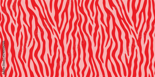 Seamless red zebra print pattern with wavy animal stripes on pale background perfect for textile design fashion wallpaper wrapping paper jungle safari wildlife abstract bold modern backdrop