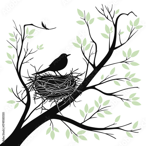 Silhouette of a bird perched on a nest in a tree with sparse leaves and a flying bird in the background created with generated ai