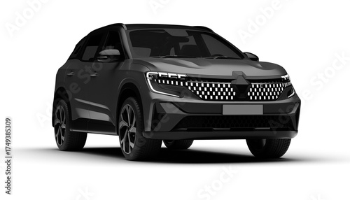 A 3D render of a hybrid grey C-SUV showcasing its front right side on a transparent background, highlighting sleek design and modern eco-friendly features.