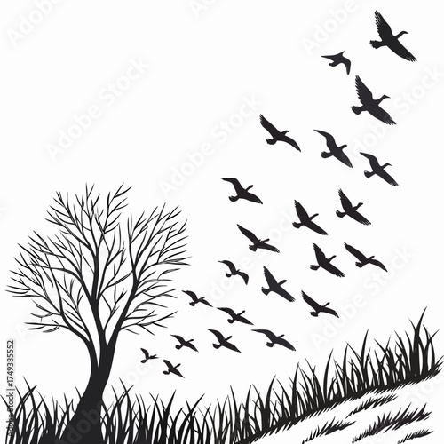 Silhouette of a bare tree with birds flying away over grass in a black and white illustration style created with generated ai