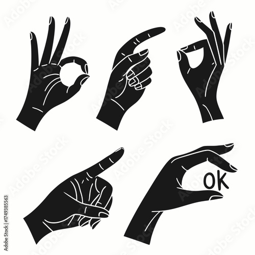 Silhouette illustration showing five hands displaying various gestures including ok pointing and other hand signs created with generated ai