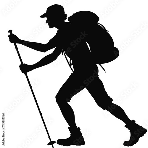 Silhouette of a hiker with a backpack and trekking pole walking uphill against a white background view created with generated ai