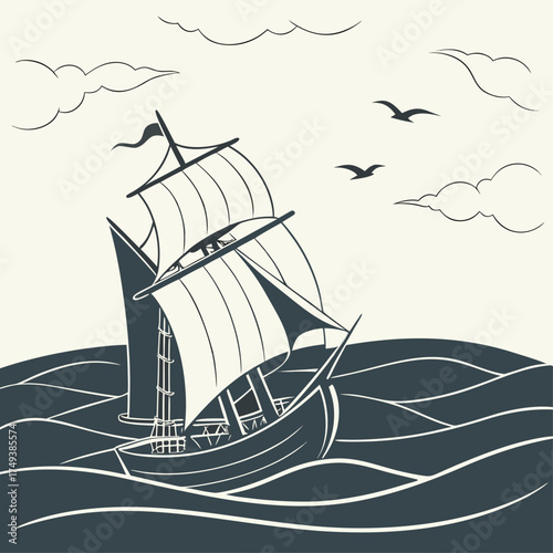 Illustration of a sailing ship on wavy water with clouds and birds in the sky in a simple style created with generated ai