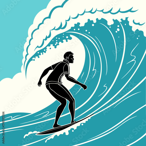 A stylized illustration of a surfer riding a large wave with a cloud like crest on a sunny day at sea created with generated ai