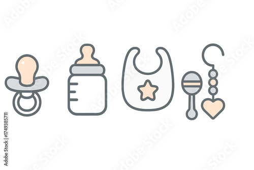 Essential baby care items set featuring pacifier bottle bib and rattle toy