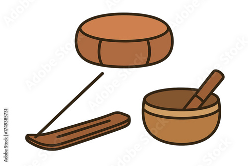 Spiritual and relaxation objects including a singing bowl, meditation cushion, and incense burner