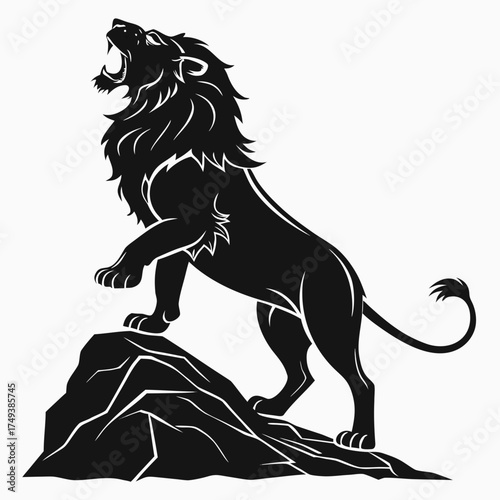 A black lion roaring while standing on a rock with a white background in a vector illustration created with generated ai