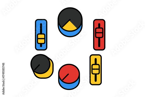 Colorful graphic equalizer controls and volume adjustment elements for digital audio interfaces