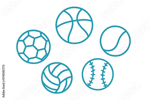 Outline icons set of popular sports balls including soccer, basketball, tennis, and baseball