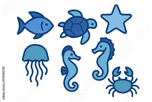 Blue marine life set featuring fish, sea turtle, starfish, jellyfish, seahorses, and crab