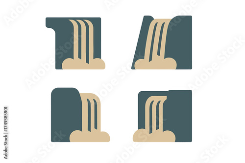Four abstract minimalist waterfall symbols and icons in flat graphic style