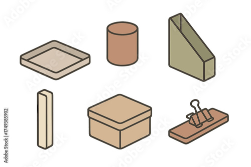 Isometric set of essential office supplies including storage boxes, trays, and paper clips