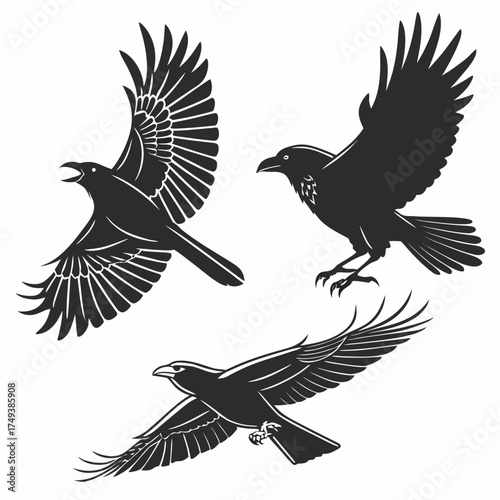 Three raven silhouettes in various flying positions against a white background showcasing detailed wings created with generated ai