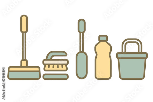 Set of essential household cleaning tools including mop scrub brush liquid bottle and utility bucket