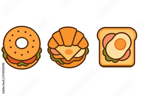 Bagel, croissant, and toast breakfast sandwiches with egg and ham ingredients