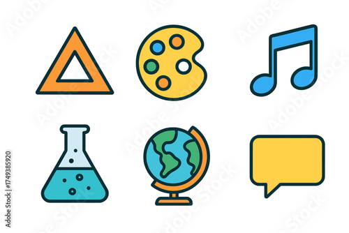 Vibrant collection of academic subject symbols: science, art, music, geography, and communication
