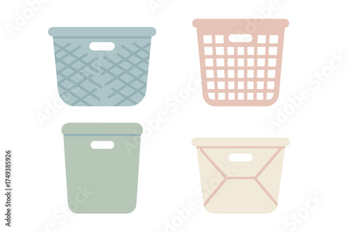 Colorful set of four plastic baskets used for laundry storage and home organization