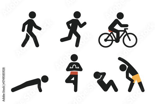 Set of six basic human activity and fitness silhouettes walking running cycling yoga stretching
