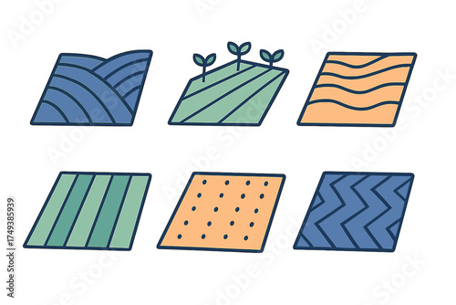 Six stylized agricultural land plots showing various farming patterns and terrain types for cultivation