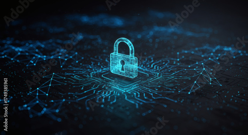 Futuristic cybersecurity concept with a glowing blue digital padlock icon symbolizing data protection and internet security on a network background