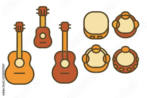 Collection of acoustic guitars ukuleles and traditional tambourines musical instruments