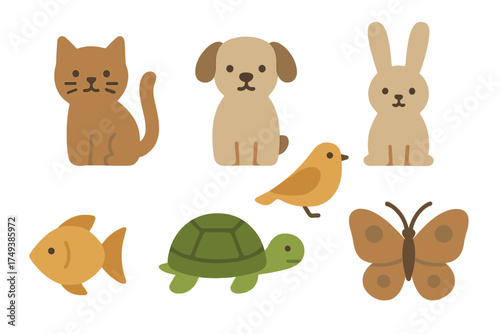 Adorable set of various domestic and wild animals: cat, dog, rabbit, bird, fish, turtle, butterfly