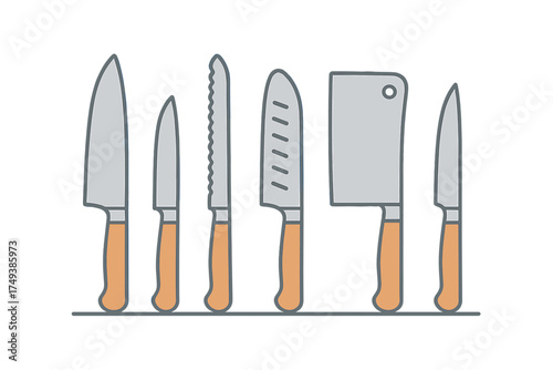 Set of professional kitchen knives including cleaver and serrated bread knife