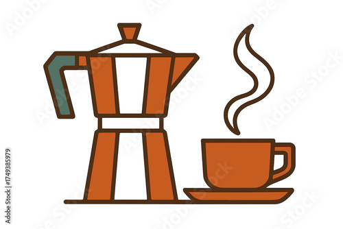 Traditional Italian Moka pot coffee maker next to a steaming cup of hot espresso beverage