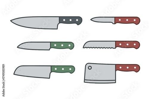 Set of essential kitchen knives and cutlery tools for professional cooking