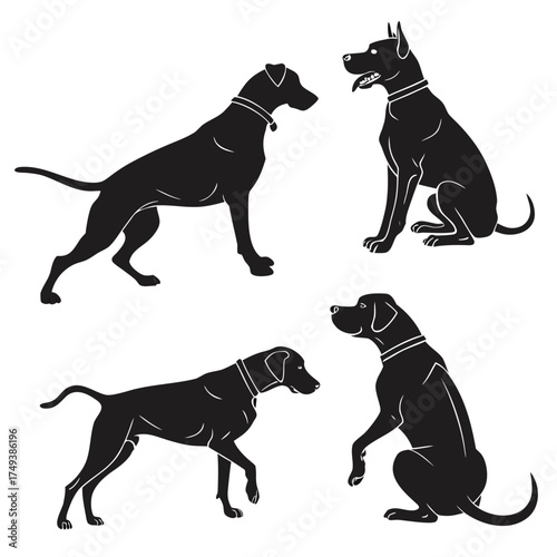 A group of four black dog silhouettes in various poses against a white background illustration vector art created with generated ai