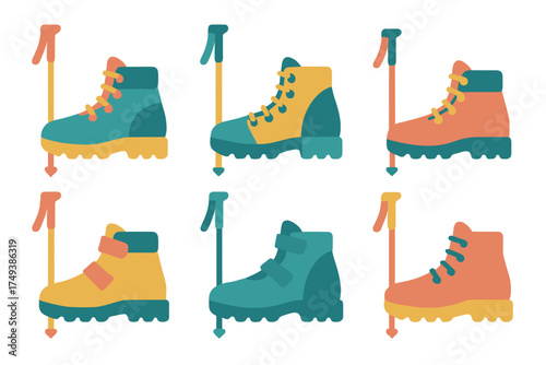 Seamless pattern of colorful hiking boots and trekking poles for outdoor adventure and travel gear