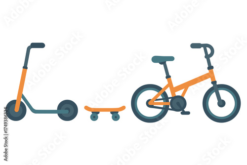 Collection of modern recreational vehicles: kick scooter, skateboard, and bicycle for active lifestyle