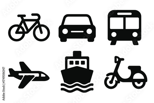 Simple black glyphs representing common modes of transport such as land vehicles, aircraft, and watercraft
