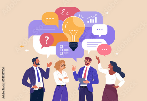 Creative Dialogue Concept. Vector illustration of a business team discussing ideas with speech bubbles and a glowing light bulb symbolizing creativity, innovation, teamwork, and problem-solving.