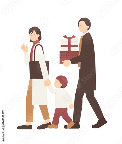 クリスマスに買い物をする家族 冬服の親子3人でお出かけするファミリーのベクターイラスト素材