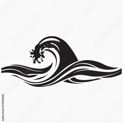 Traditional Stylized Ocean Wave Black and White Vector Graphic with Splashing Water.