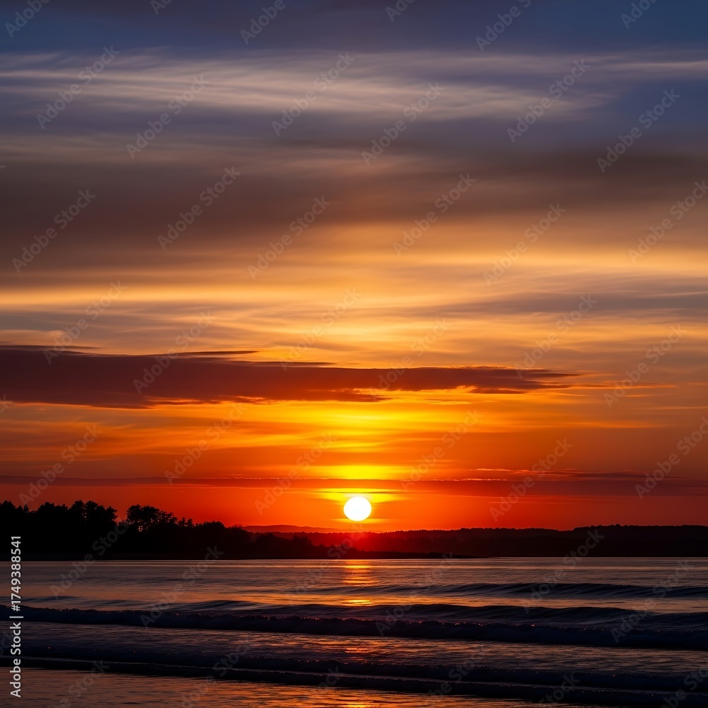 Fototapeta premium Fiery Sunset Over Calm Waters - A Tranquil Coastal Scene.