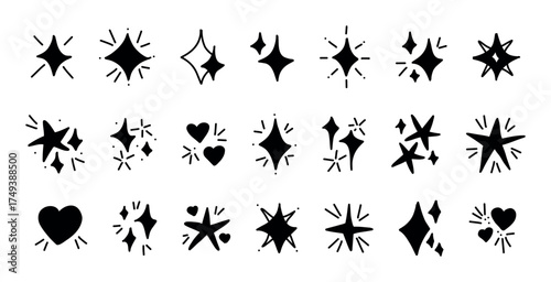 Bold black hand drawn doodle sparkles stars hearts graphic clipart children design, hand drawn style vector set whimsical elements isolated minimal decoration sketch icon flat monochrome shapes